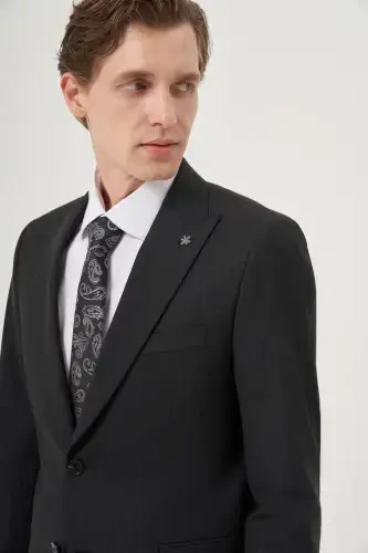 Modazone Erkak Qora Junli Platinium Classic Chiziqli Slim Fit Uchi Qayrilgan Yoqali Kostyum - MORVEN (1)