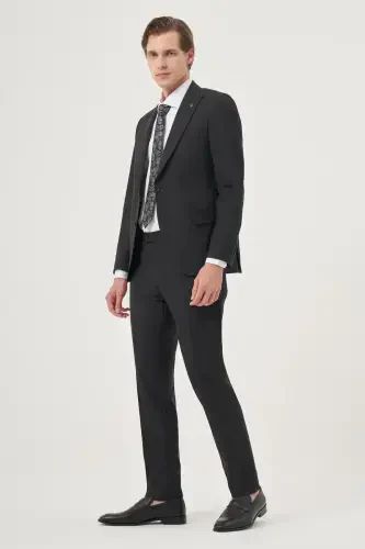 Modazone Erkak Qora Junli Platinium Classic Chiziqli Slim Fit Uchi Qayrilgan Yoqali Kostyum - 3