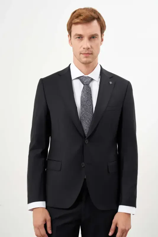 Modazone Erkak Qora Junli Platinium Tekis Naqshli Slim Fit Mono Yoqali Kostyum - 1