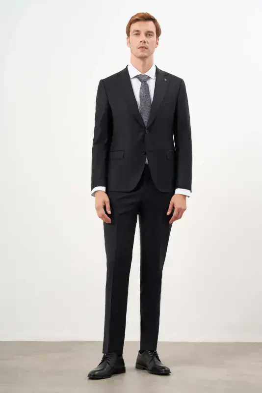 Modazone Erkak Qora Junli Platinium Tekis Naqshli Slim Fit Mono Yoqali Kostyum - 4