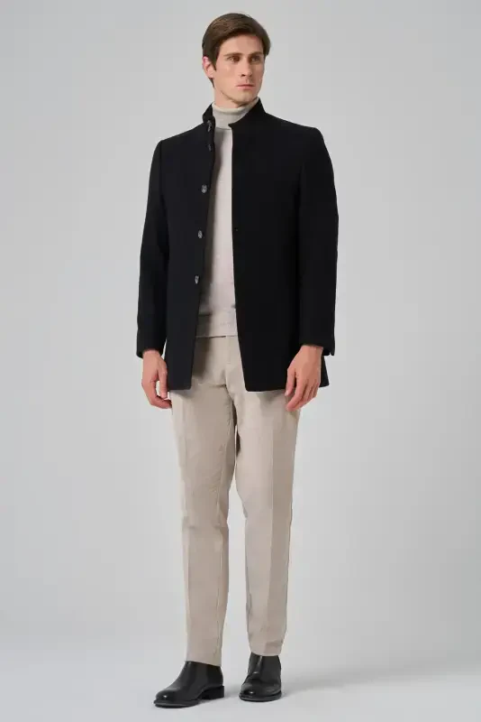 Modazone Erkak Qora Junli Tekis Dynamic Fit Hokim Yoqali Palto - 2