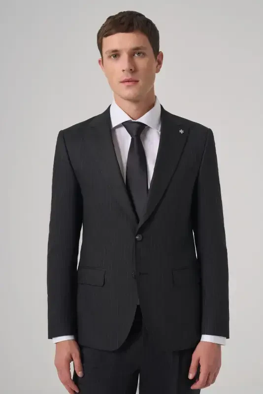 Modazone Erkak Qora Junli Trend Chiziqli Slim Fit Uchli Yoqali Kostyum - MORVEN