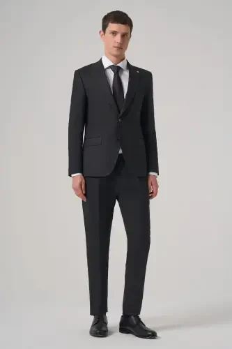 Modazone Erkak Qora Junli Trend Chiziqli Slim Fit Uchli Yoqali Kostyum - 3