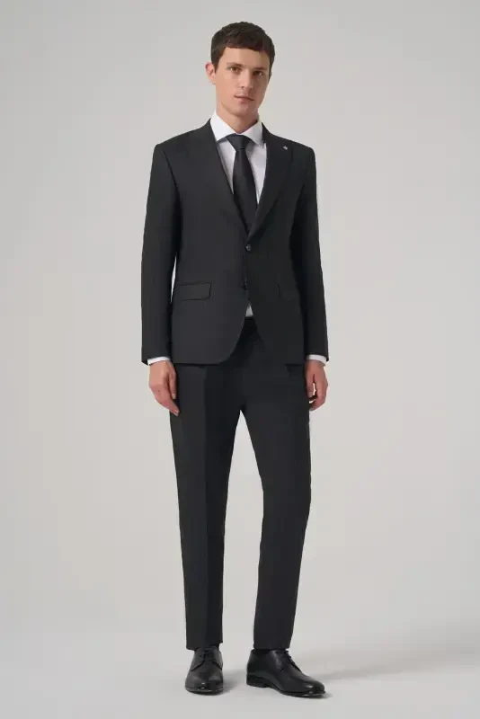 Modazone Erkak Qora Junli Trend Chiziqli Slim Fit Uchli Yoqali Kostyum - 3