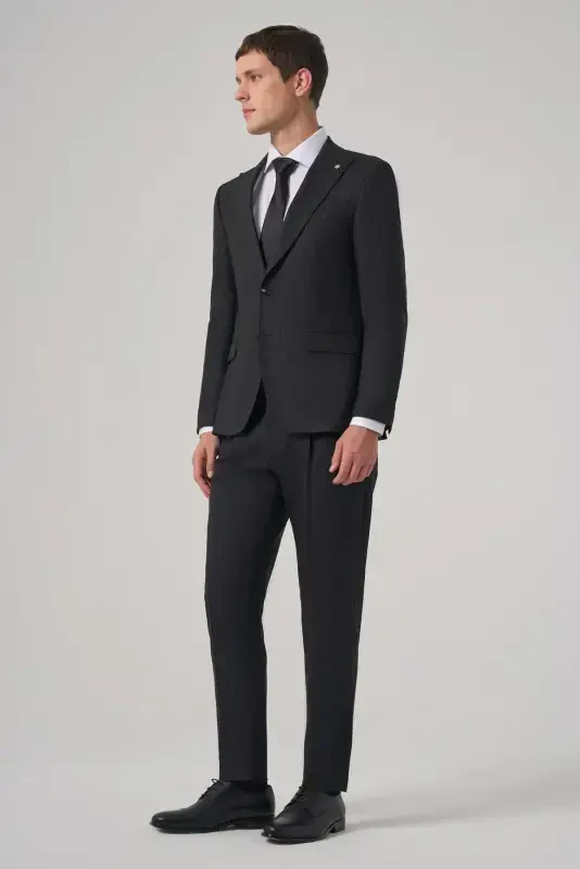 Modazone Erkak Qora Junli Trend Chiziqli Slim Fit Uchli Yoqali Kostyum - 4