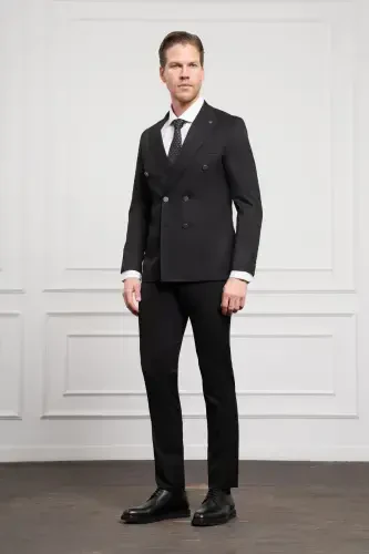 Modazone Erkak Qora Kruvaze Slim Fit Uchli Yoqali Kostyum - 3