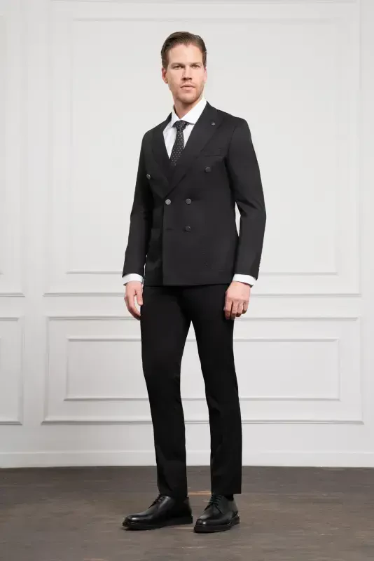 Modazone Erkak Qora Kruvaze Slim Fit Uchli Yoqali Kostyum - 3