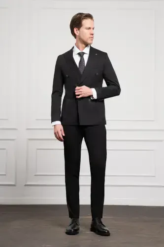 Modazone Erkak Qora Kruvaze Slim Fit Uchli Yoqali Kostyum - 4