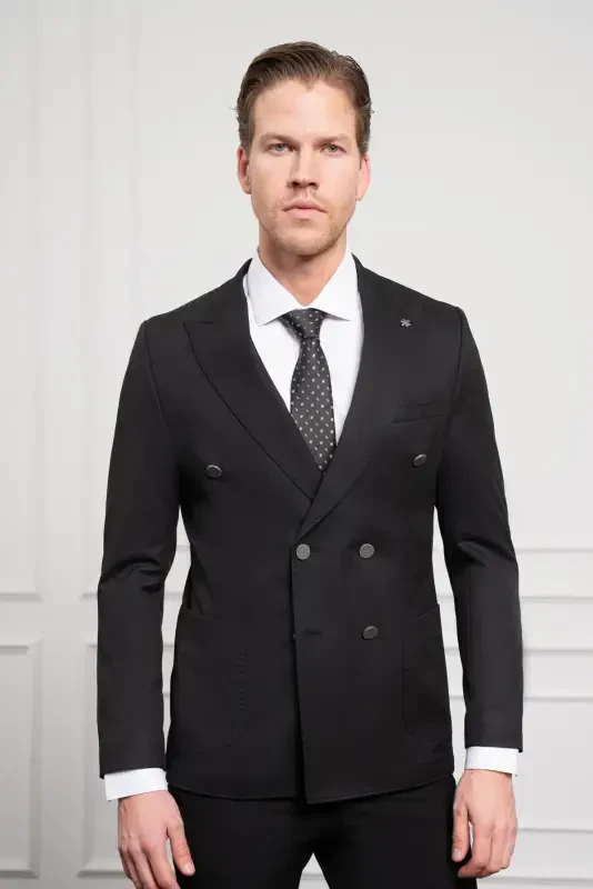 Modazone Erkak Qora Kruvaze Slim Fit Uchli Yoqali Kostyum - 5