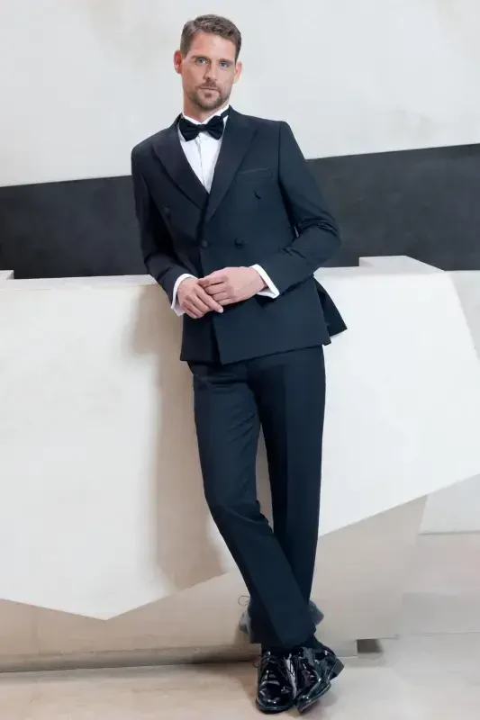 Modazone Erkak Qora Kruvaze Uchli Yoqali Slim Fit Kuyovlik Kostyumi - 1