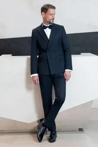 Modazone Erkak Qora Kruvaze Uchli Yoqali Slim Fit Kuyovlik Kostyumi - 3