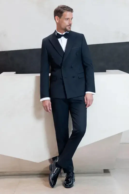 Modazone Erkak Qora Kruvaze Uchli Yoqali Slim Fit Kuyovlik Kostyumi - 3