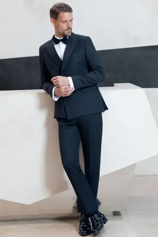 Modazone Erkak Qora Kruvaze Uchli Yoqali Slim Fit Kuyovlik Kostyumi - 4