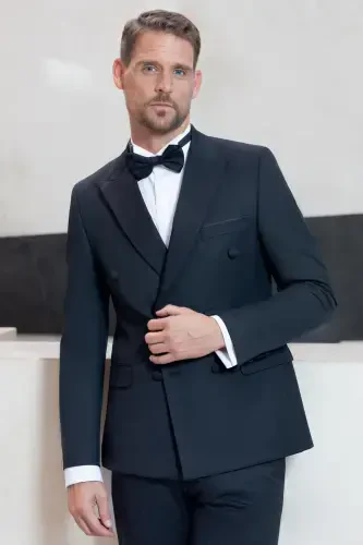 Modazone Erkak Qora Kruvaze Uchli Yoqali Slim Fit Kuyovlik Kostyumi - 5