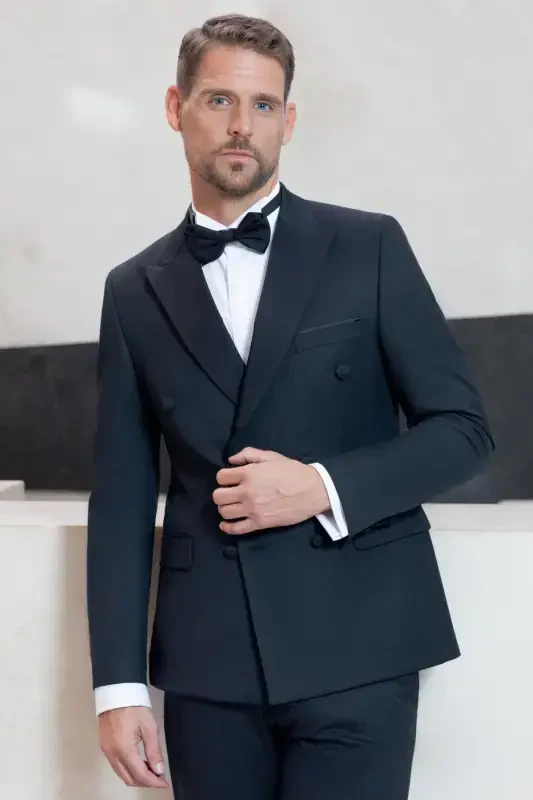 Modazone Erkak Qora Kruvaze Uchli Yoqali Slim Fit Kuyovlik Kostyumi - 5