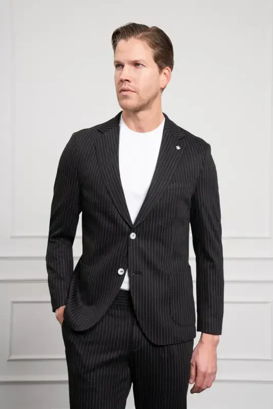 Modazone Erkak Qora O'rash Slim Fit Mono Yoqali Kostyum Shim tor kesim - MORVEN