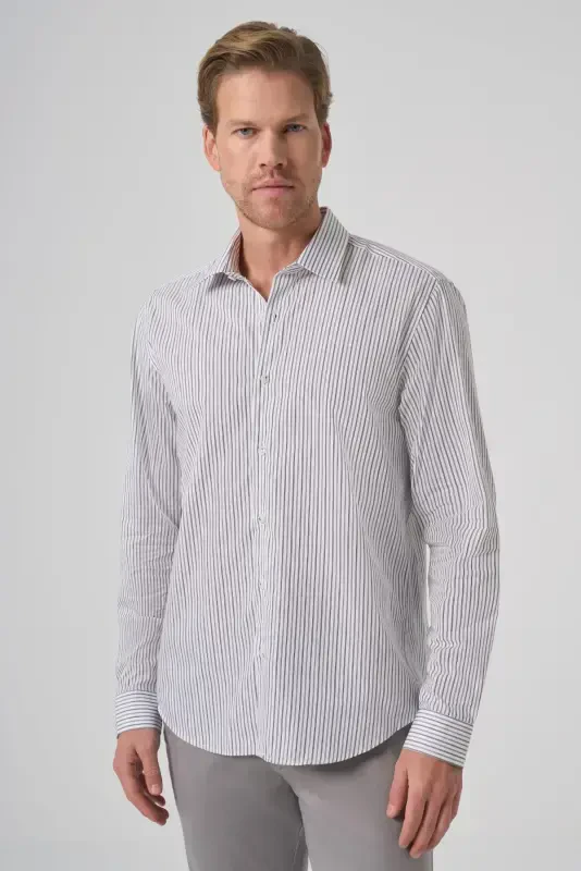 Modazone Erkak Qora Paxta Trend Chiziqli Dynamic Fit Qattiq Yoqali Ko'ylak - 1