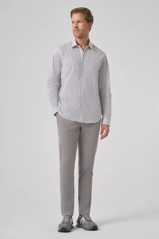 Modazone Erkak Qora Paxta Trend Chiziqli Dynamic Fit Qattiq Yoqali Ko'ylak - 4