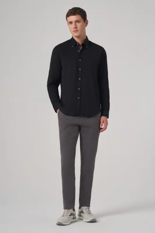 Modazone Erkak Qora Paxta Trend Dynamic Fit Tugmali Yoqali Ko'ylak - 4