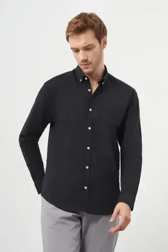 Modazone Erkak Qora Paxta Trend Tugmali Yoqali Dynamic Fit Ko'ylak - 3