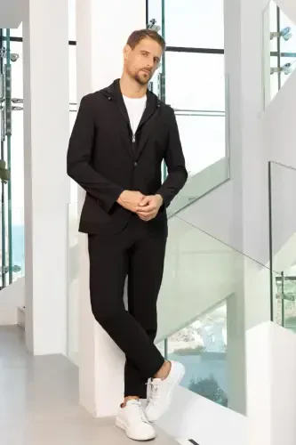 Modazone Erkak Qora Poliamid Torva Cho'ntak Qopqoqli Slim Fit Mono Yoqali Sport Kostyum - 5