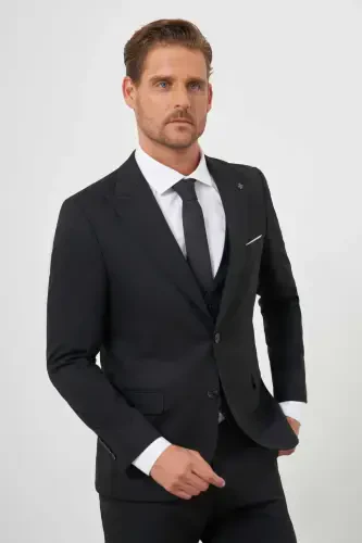 Modazone Erkak Qora Poliviscon Asosiy Jiletli Jakar Naqshli Slim Fit Uchi O'tkir Yoqali Kostyum - 1