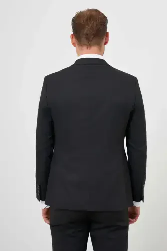 Modazone Erkak Qora Poliviscon Asosiy Jiletli Jakar Naqshli Slim Fit Uchi O'tkir Yoqali Kostyum - 3