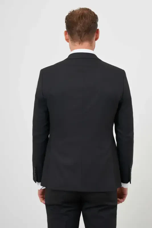 Modazone Erkak Qora Poliviscon Asosiy Jiletli Jakar Naqshli Slim Fit Uchi O'tkir Yoqali Kostyum - 3