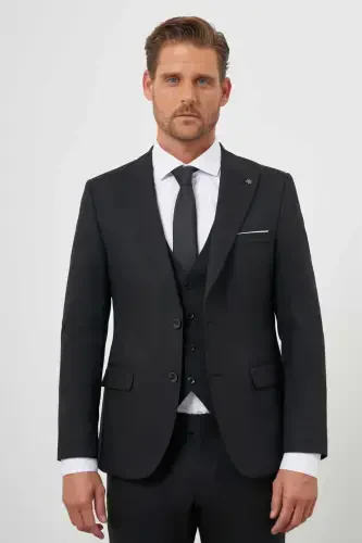 Modazone Erkak Qora Poliviscon Asosiy Jiletli Jakar Naqshli Slim Fit Uchi O'tkir Yoqali Kostyum - 5