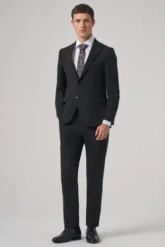 Modazone Erkak Qora Poliviscon Basic Slim Fit Uchi Tekis Yoqali Kostyum - 4