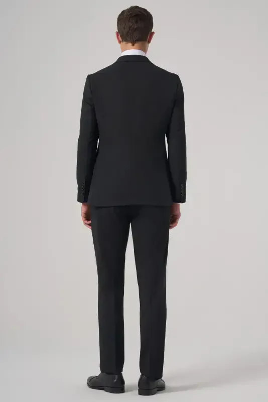 Modazone Erkak Qora Poliviscon Basic Slim Fit Uchi Tekis Yoqali Kostyum - 6