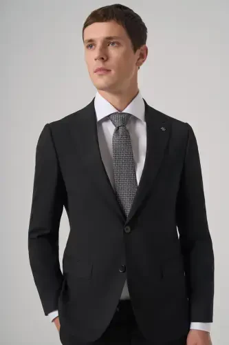 Modazone Erkak Qora Poliviscon Basic Slim Fit Uchli Yoqali Kostyum - 2