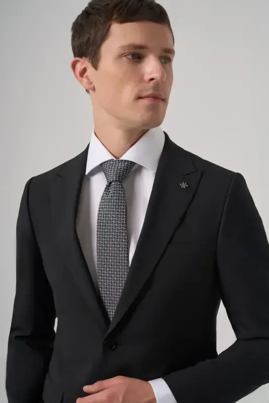 Modazone Erkak Qora Poliviscon Basic Slim Fit Uchli Yoqali Kostyum - 3