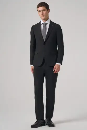 Modazone Erkak Qora Poliviscon Basic Slim Fit Uchli Yoqali Kostyum - 4