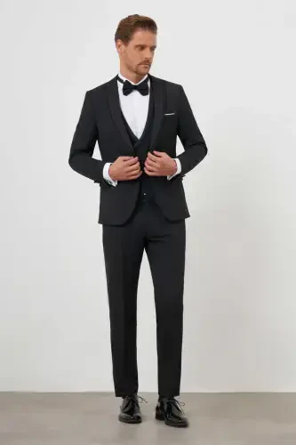 Modazone Erkak Qora Poliviscon Ceramonia Tekis Naqshli Slim Fit Uchli Chiqma Yoqali Kuyovlik Kostyumi - MORVEN (1)