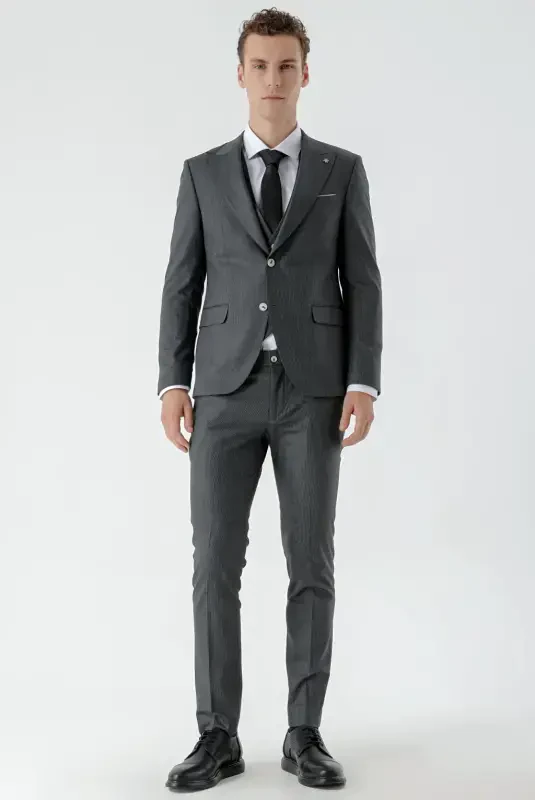 Modazone Erkak Qora Poliviscon Trend Jiletli Naqshli Slim Fit Uchli Yoqali Kostyum - MORVEN