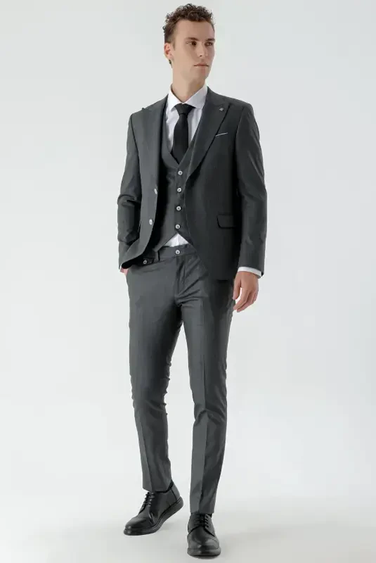 Modazone Erkak Qora Poliviscon Trend Jiletli Naqshli Slim Fit Uchli Yoqali Kostyum - 7