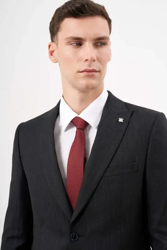 Modazone Erkak Qora Poliviscon Trend Naqshli Slim Fit Uchli Yoqali Kostyum - 3