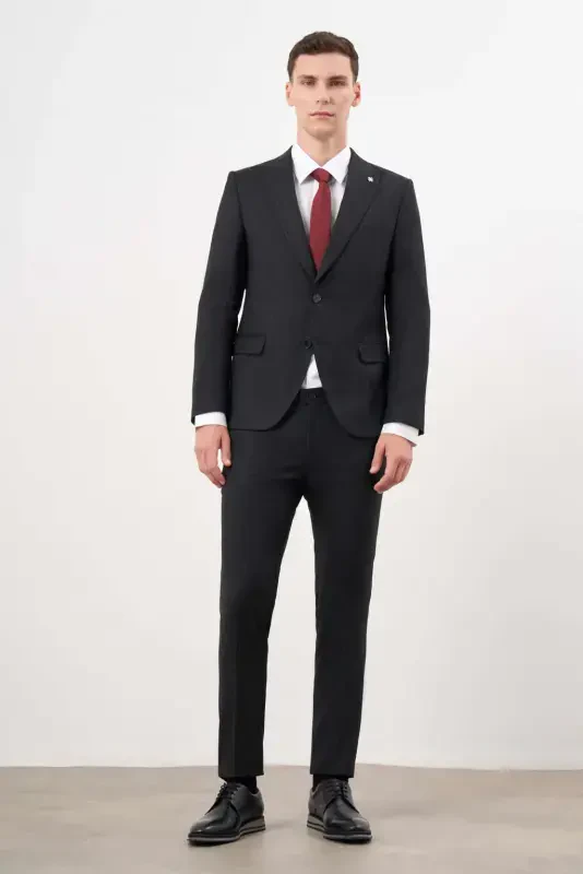 Modazone Erkak Qora Poliviscon Trend Naqshli Slim Fit Uchli Yoqali Kostyum - 4