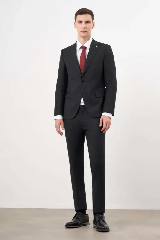 Modazone Erkak Qora Poliviscon Trend Naqshli Slim Fit Uchli Yoqali Kostyum - 5