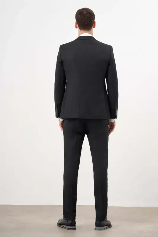 Modazone Erkak Qora Poliviscon Trend Naqshli Slim Fit Uchli Yoqali Kostyum - 6