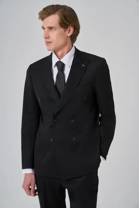 Modazone Erkak Qora Poliviscon Trend Tekis Naqshli Slim Fit Uchli Yoqali Kruvaze Kostyum - 2