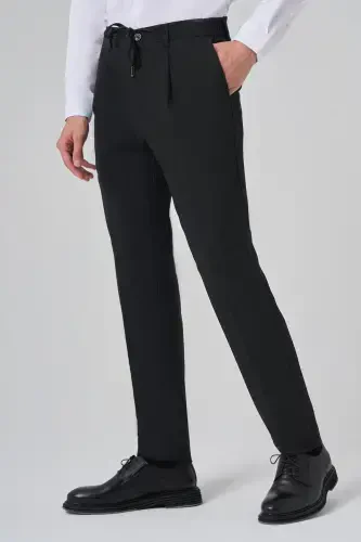 Modazone Erkak Qora Poliviskon Trend Chiziqli Slim Fit Jogger Shim 