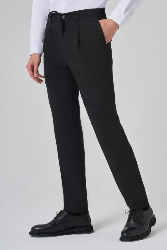 Modazone Erkak Qora Poliviskon Trend Chiziqli Slim Fit Jogger Shim - 1