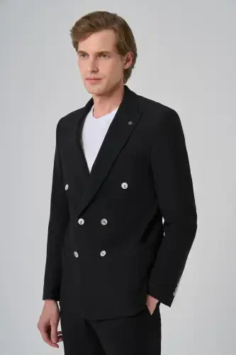 Modazone Erkak Qora Poliviskon Trend Chiziqli Slim Fit Uchli Yoqali Kruvaze Kostyum - 3