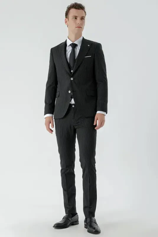 Modazone Erkak Qora Poliviskon Trend Jiletli Chiziqli Desen Slim Fit Uchli Yoqali Kostyum - 1