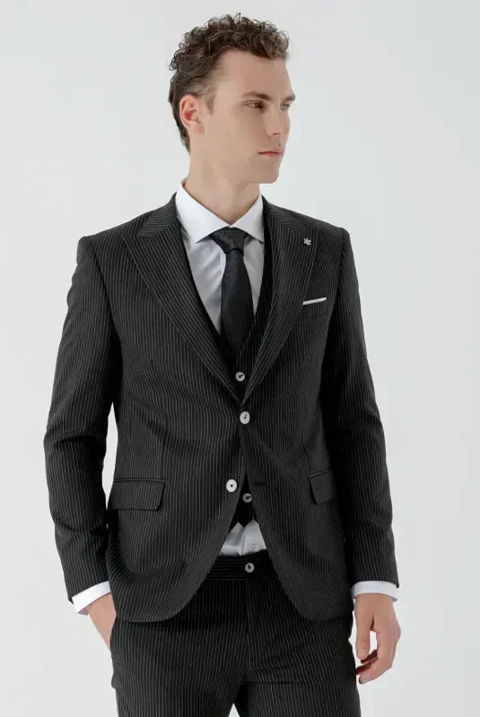 Modazone Erkak Qora Poliviskon Trend Jiletli Chiziqli Desen Slim Fit Uchli Yoqali Kostyum - 3