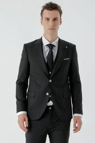 Modazone Erkak Qora Poliviskon Trend Jiletli Chiziqli Desen Slim Fit Uchli Yoqali Kostyum - 4