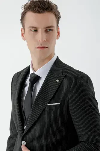 Modazone Erkak Qora Poliviskon Trend Jiletli Chiziqli Desen Slim Fit Uchli Yoqali Kostyum - 6