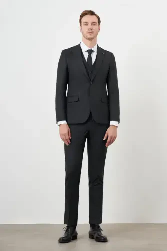 Modazone Erkak Qora Poliviskon Trend Jiletli Chiziqli Naqshli Slim Fit Uchli Yoqali Kostyum - 1